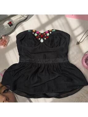 Vintage Y2K Wet Seal Strapless Jeweled Babydoll Top | Black Rhinestone Bustier